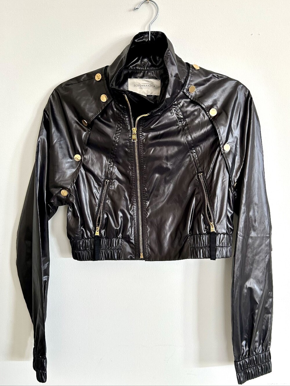 BCBGMaxAzria Black Cropped Windbreaker Bomber Jacket with Gold Buttons